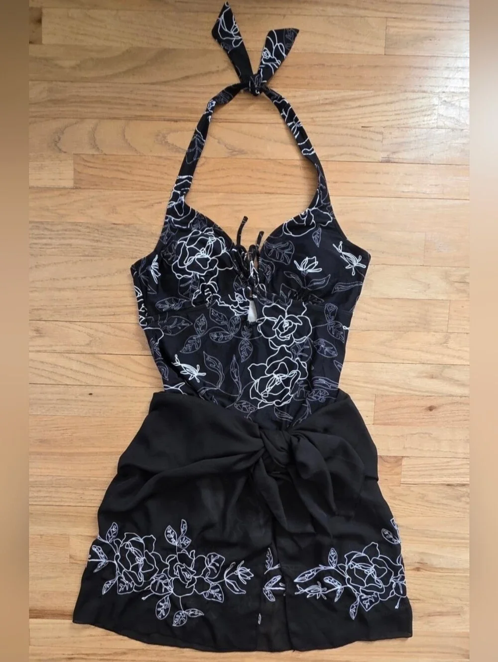 Black Floral One-Piece Swimsuit with Matching Sarong